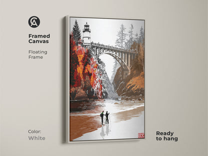 Framed canvas art print of a scenic lighthouse and bridge. This floating white frame highlights the orange red landscape. It is ready to hang. Coastal farmhouse decor with rustic charm is what this artwork brings. A thoughtful housewarming gift for travelers or anyone who loves unique prints.