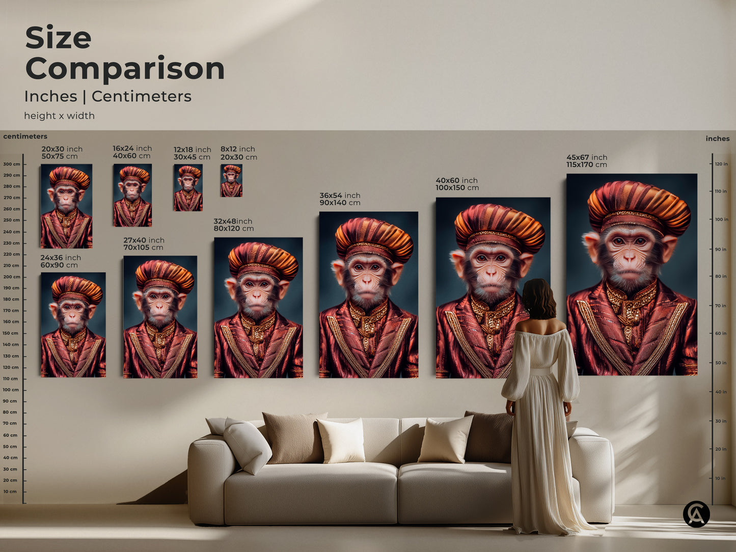 Size comparison of the Regal Monkey art print in a living room setting. Sizes are shown in inches and centimeters. The artwork features a regal monkey in an ornate red and gold suit and turban. Get unique home gift idea with this detailed animal portrait.