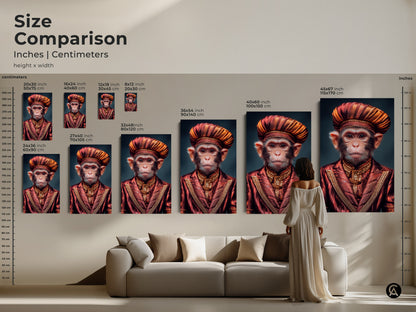 Size comparison of the Regal Monkey art print in a living room setting. Sizes are shown in inches and centimeters. The artwork features a regal monkey in an ornate red and gold suit and turban. Get unique home gift idea with this detailed animal portrait.