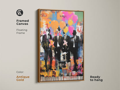 This framed canvas presents graffiti style men in suits. The floating frame is antique gold. It is ready to hang. The abstract balloon print makes a bold statement. The eclectic art includes pink blue and orange hues. It is a unique gift for art lovers.