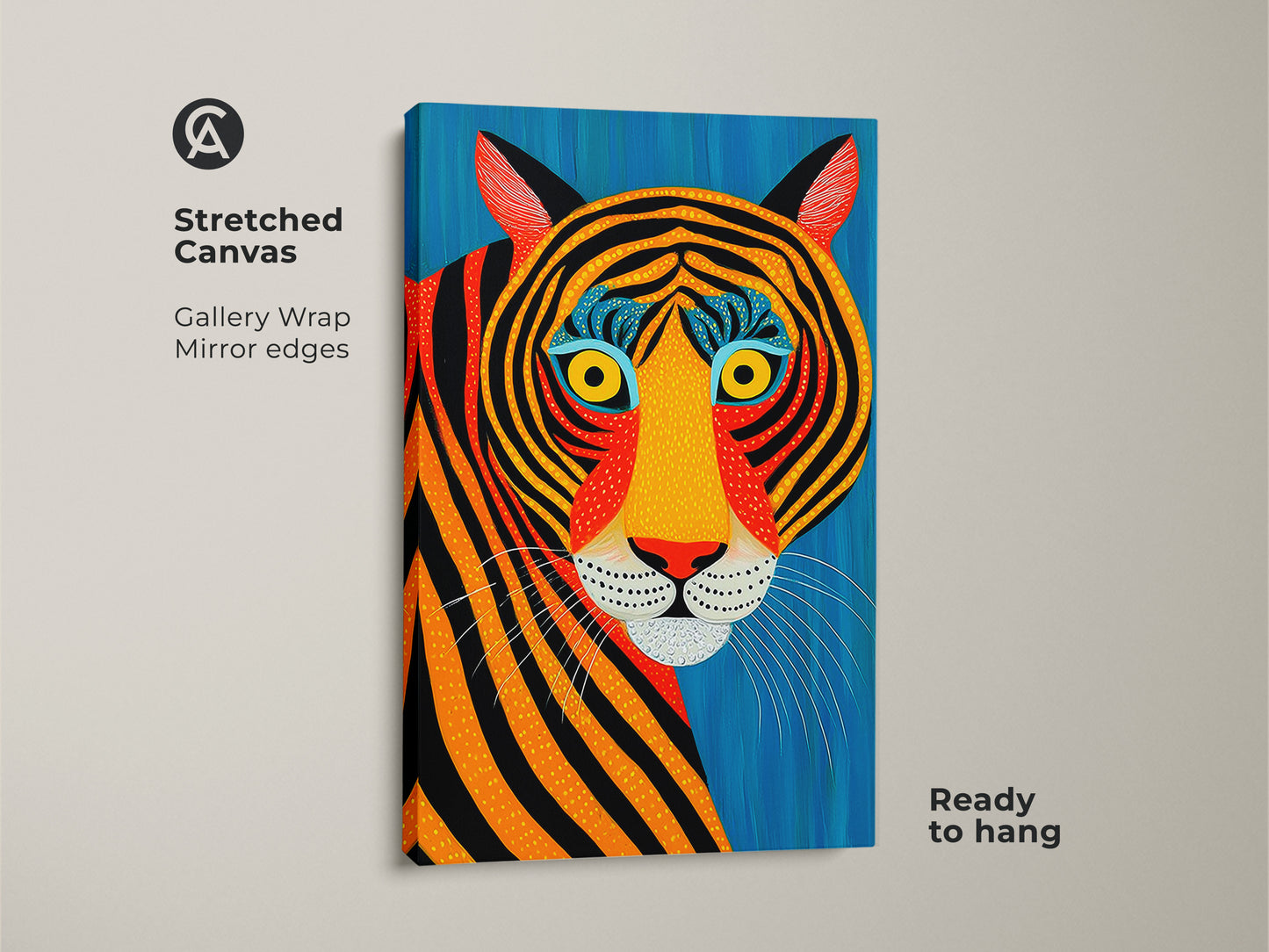 Close-up of a stretched canvas print featuring an abstract tiger. The gallery wrap shows mirror edges. This ready-to-hang artwork boasts a vibrant tribal animal print and is ideal for eclectic home decor.