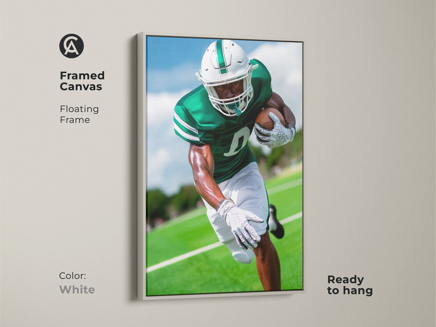A framed canvas featuring a football player in action. The white floating frame accentuates the emerald green jersey. This sports artwork is ready to hang. Perfect for adding motivation to a workplace or as a gift for a sports lover.