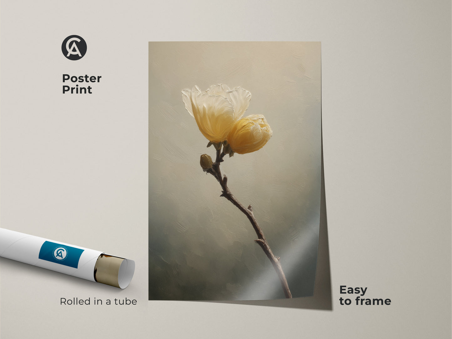 Poster print of a yellow floral canvas. Easy to frame and perfect for plant lovers. The cream botanical artwork brings a touch of sage green nature into any room with this delicate flower art print.