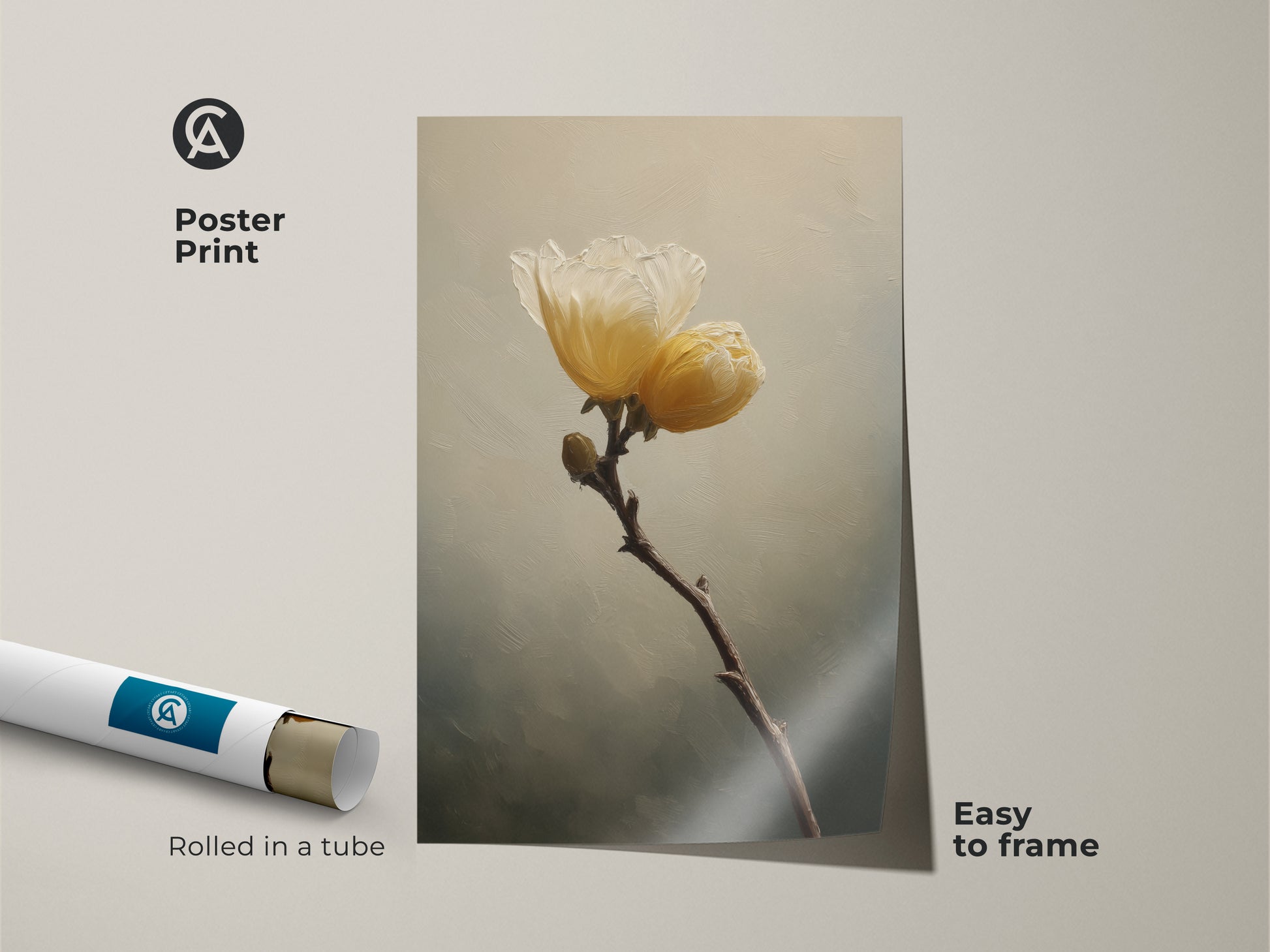 Poster print of a yellow floral canvas. Easy to frame and perfect for plant lovers. The cream botanical artwork brings a touch of sage green nature into any room with this delicate flower art print.