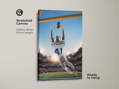 Experience the thrill with this football catch canvas art. This stretched canvas features mirror edges and is ready to hang. It's ideal action sports wall art for any room.