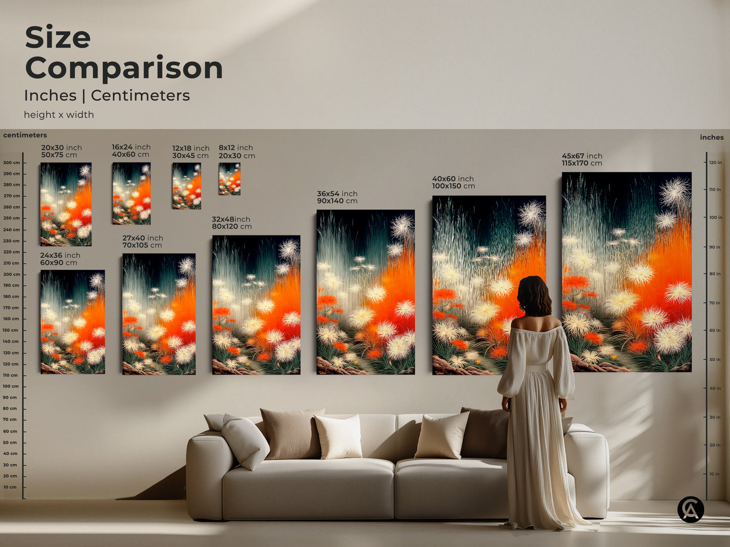 Size comparison of botanical art canvas prints in inches and centimeters. Visualize dandelion nature artwork in various dimensions to fit your space. This orange white and teal abstract floral art makes a statement in modern homes. Select the perfect size to complement your contemporary interior.