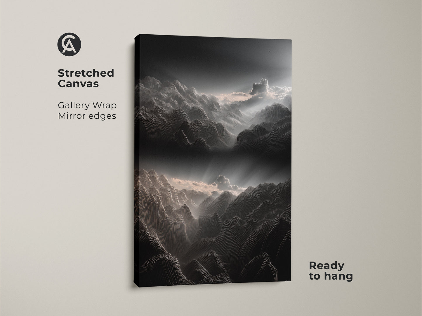 Stretched canvas gallery wrap of abstract mountain landscape art. The charcoal and pink clouds create a minimalist aesthetic. This modern abstract wall decor is ready to hang. It's perfect for adding a touch of nature to your space.