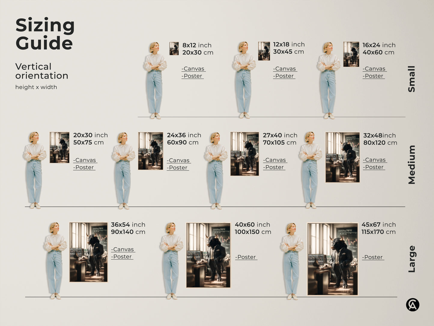 This sizing guide shows the vertical orientation and dimensions of the Wall Street bull art. Available in small medium and large sizes for both canvas and poster prints. Find the perfect fit for your space with this helpful sizing chart for the artwork.