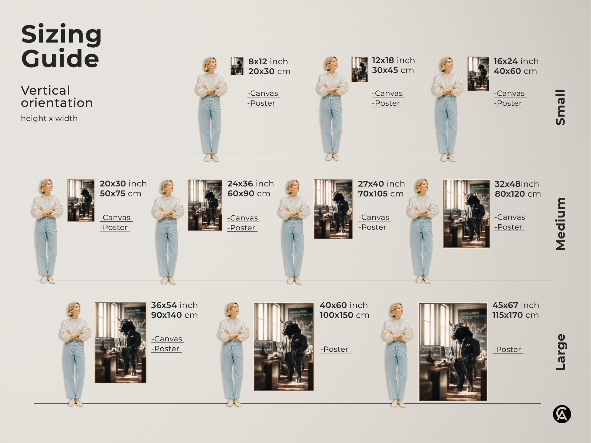 This sizing guide shows the vertical orientation and dimensions of the Wall Street bull art. Available in small medium and large sizes for both canvas and poster prints. Find the perfect fit for your space with this helpful sizing chart for the artwork.
