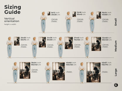 This sizing guide shows the vertical orientation and dimensions of the Wall Street bull art. Available in small medium and large sizes for both canvas and poster prints. Find the perfect fit for your space with this helpful sizing chart for the artwork.