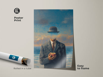 Poster print of a man in suit holding an apple. Surrealist art rolled in a tube easy to frame and display. The philosophical gift for thinkers showcases conceptual art. Study room office decor art featuring a cloudy sky ocean landscape. Classical realism artwork.