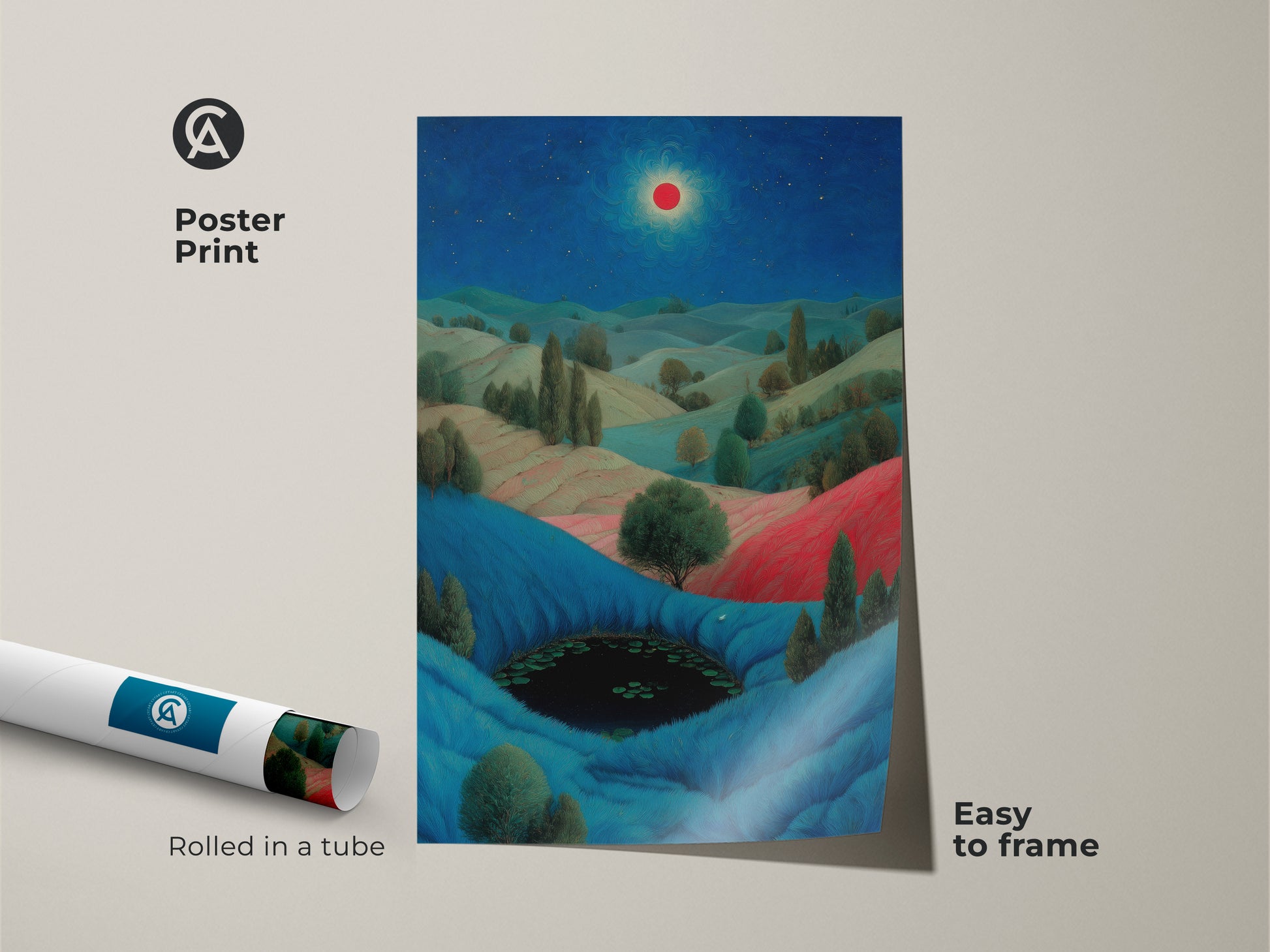 Display of a fantasy hills pond print. The red sun and blue starry night give a surreal feel. This eclectic living room art will enhance any space. A thoughtful housewarming gift for dreamers.