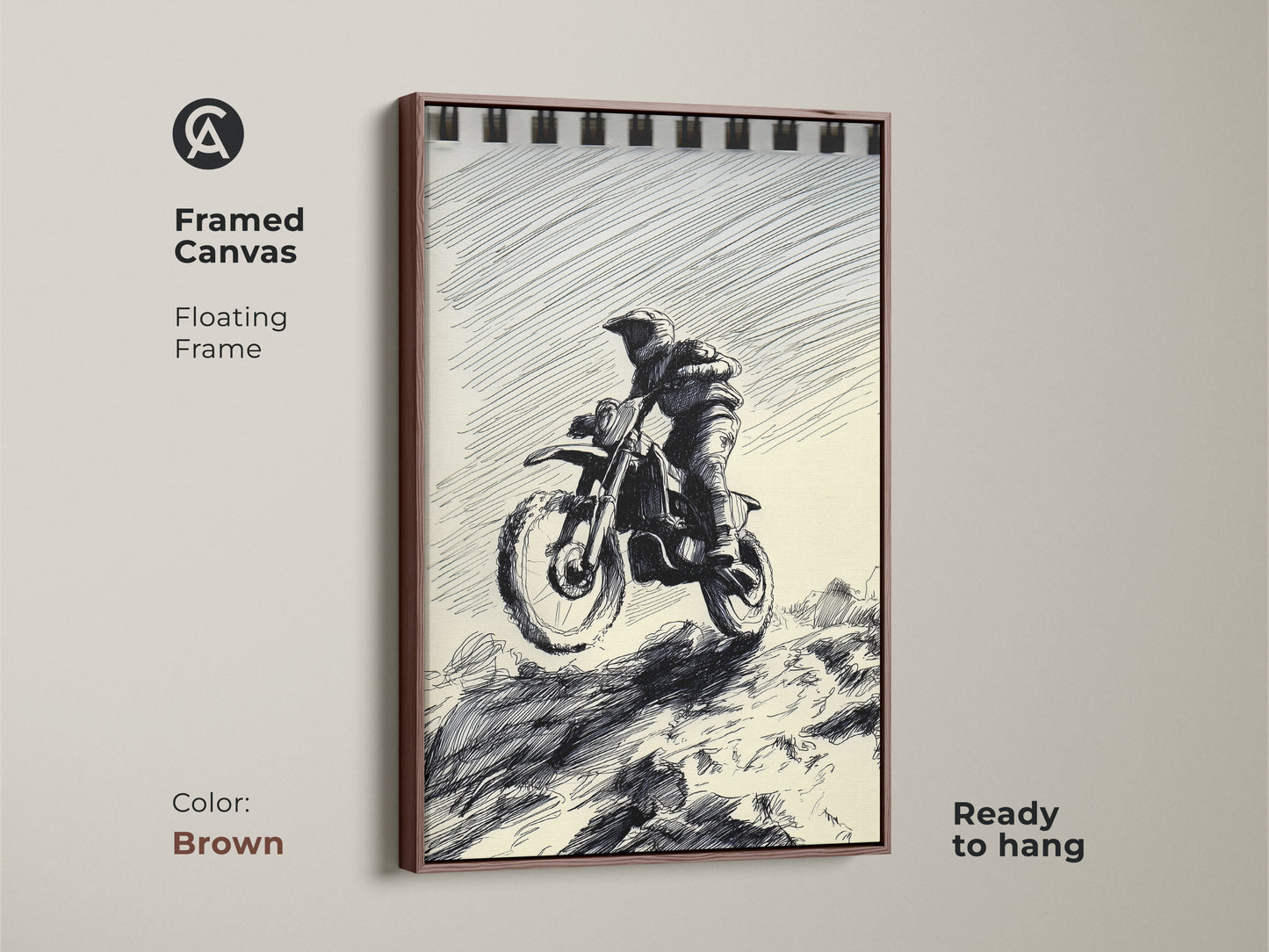 This framed canvas print features a Motocross Rider in sketch art. The floating frame is brown and the art style is black and white with ink drawing. Ready to hang and perfect for garages. It's a great gift for action sports enthusiasts and motocross fans.
