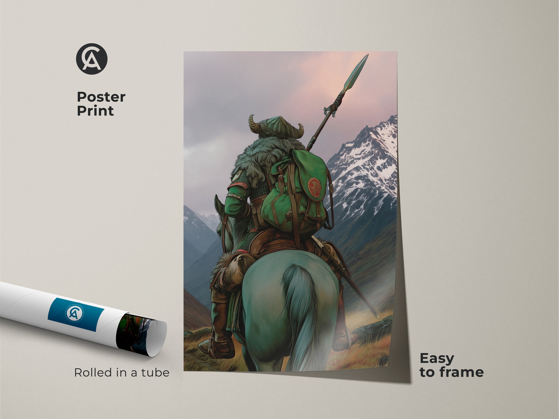 Discover dark fantasy art with this warrior on horse poster print. The art showcases a medieval warrior with spear against a teal grey mountain backdrop. Rolled in a tube. This adventure themed artwork brings an eclectic touch to any space. Easy to frame and display.