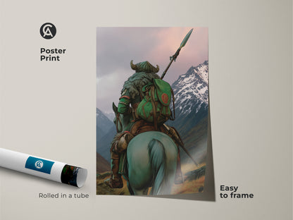 Discover dark fantasy art with this warrior on horse poster print. The art showcases a medieval warrior with spear against a teal grey mountain backdrop. Rolled in a tube. This adventure themed artwork brings an eclectic touch to any space. Easy to frame and display.