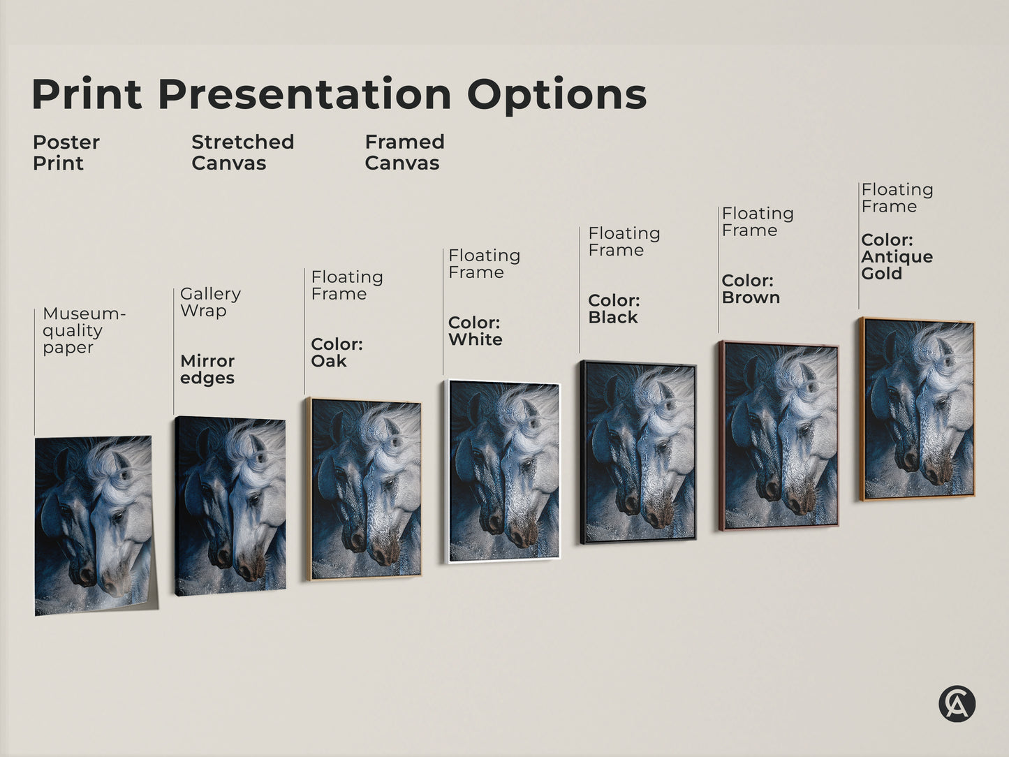 Explore print presentation options with our indigo horse art. Choose from poster prints stretched canvas or framed canvas. Each features museum-quality paper gallery wrap and floating frames. Select colors like oak white black brown or antique gold. Find the perfect animal portrait wall art for your decor needs.