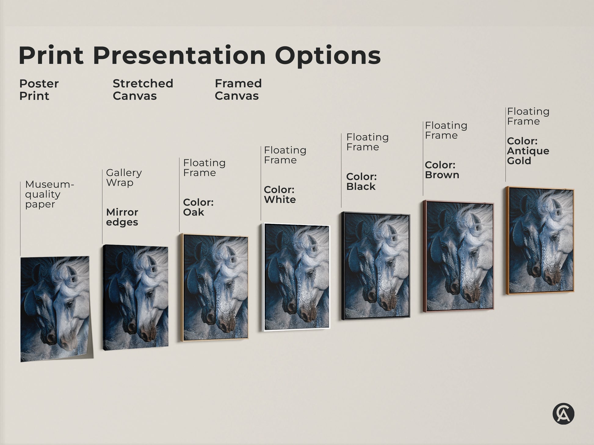 Explore print presentation options with our indigo horse art. Choose from poster prints stretched canvas or framed canvas. Each features museum-quality paper gallery wrap and floating frames. Select colors like oak white black brown or antique gold. Find the perfect animal portrait wall art for your decor needs.