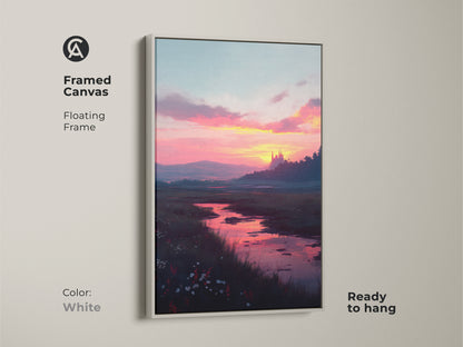 Framed canvas of a sunset river landscape art with a white floating frame. Ready to hang this art brightens any room. The artwork presents a peaceful river landscape complete with a distant castle during sunset.