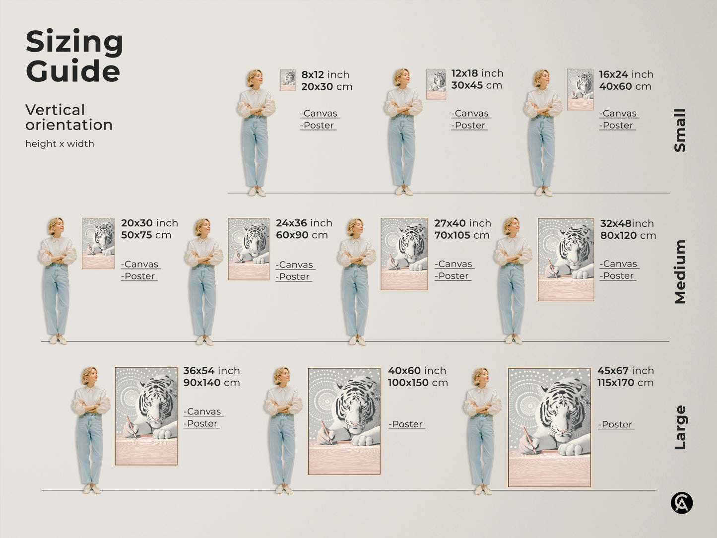 Sizing guide for the White Tiger Canvas Art. Vertical orientation height x width options are shown. Choose from small medium and large sizes. Find the perfect fit for your space be it canvas or poster. Perfect abstract art sizes to suit any wall and decor aesthetic.