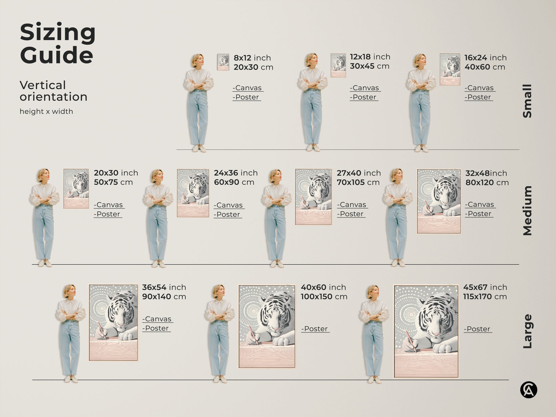 Sizing guide for the White Tiger Canvas Art. Vertical orientation height x width options are shown. Choose from small medium and large sizes. Find the perfect fit for your space be it canvas or poster. Perfect abstract art sizes to suit any wall and decor aesthetic.
