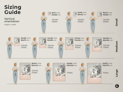 Sizing guide for the White Tiger Canvas Art. Vertical orientation height x width options are shown. Choose from small medium and large sizes. Find the perfect fit for your space be it canvas or poster. Perfect abstract art sizes to suit any wall and decor aesthetic.