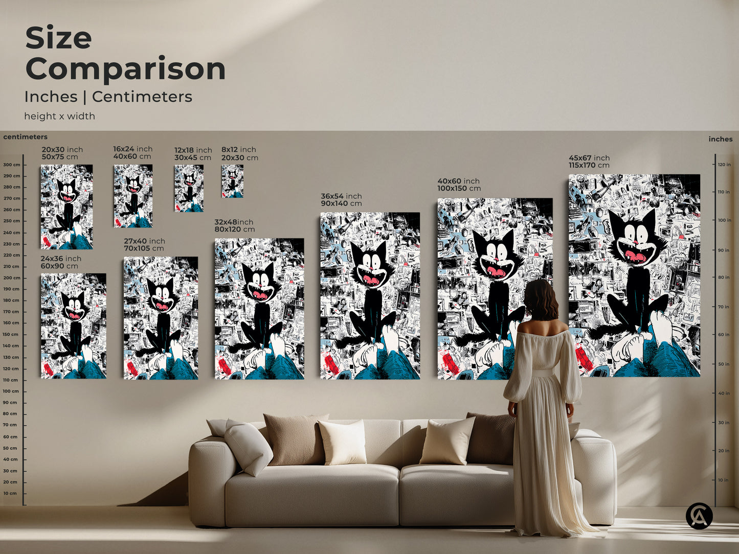 Size comparison of the black cat art print. This artwork comes in various sizes. It is available as a canvas or poster. See how each size transforms your space. A perfect piece for art collectors and cat lovers.
