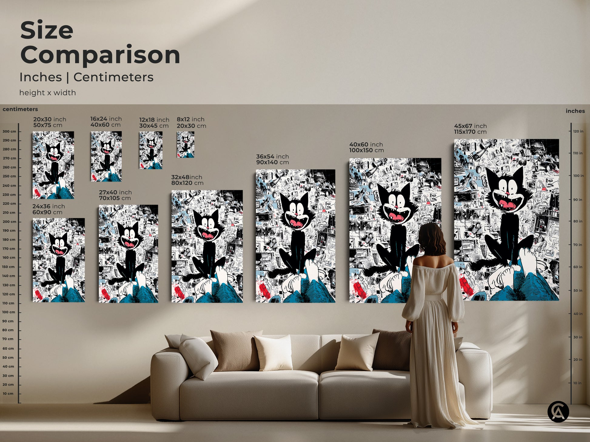 Size comparison of the black cat art print. This artwork comes in various sizes. It is available as a canvas or poster. See how each size transforms your space. A perfect piece for art collectors and cat lovers.