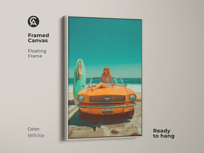 White framed canvas art featuring a vintage orange Mustang parked by the beach. A woman sits on the hood next to a surfboard. This retro-style artwork brings a summer vibe to any room. Perfect for car enthusiasts and beach lovers. Add a touch of nostalgia to your home decor with this framed canvas print.