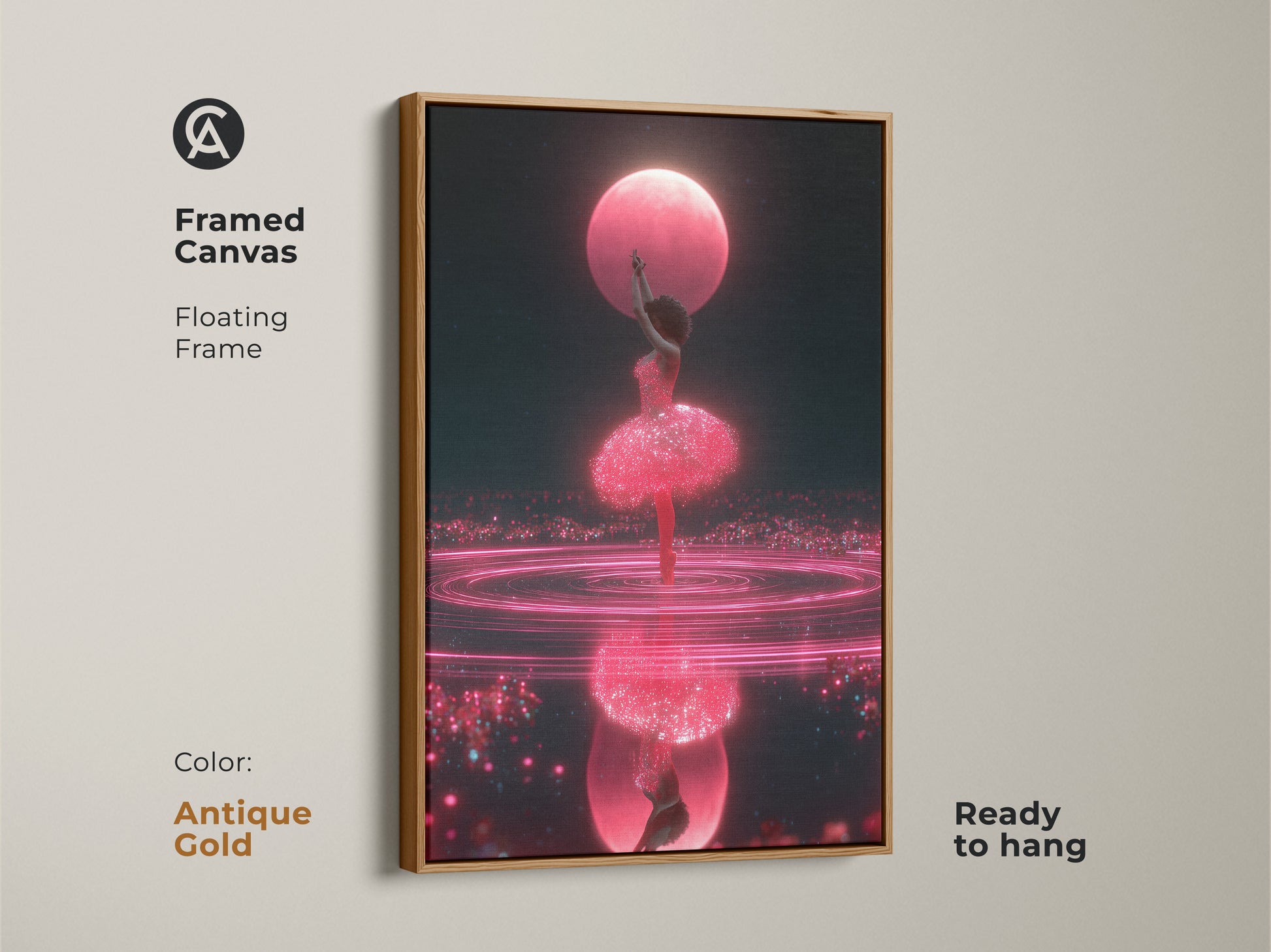 Framed canvas featuring cosmic ballerina art with an antique gold floating frame. The pink and blue art showcases a surreal dance. Ready to hang this dark blue fantasy artwork adds a contemporary touch to any room and makes a great gift for ballerinas.