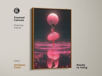 Framed canvas featuring cosmic ballerina art with an antique gold floating frame. The pink and blue art showcases a surreal dance. Ready to hang this dark blue fantasy artwork adds a contemporary touch to any room and makes a great gift for ballerinas.