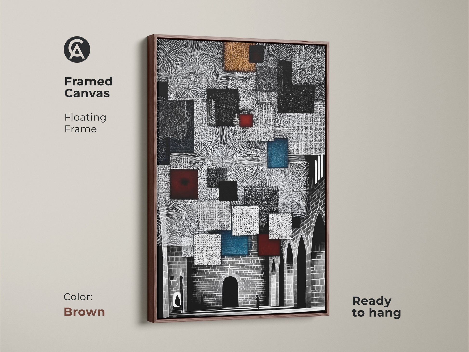 A brown framed canvas showcases geometric shapes. It is ready to hang with a floating frame. The art blends modern black and white with gold accents. A unique housewarming gift art piece.