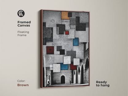A brown framed canvas showcases geometric shapes. It is ready to hang with a floating frame. The art blends modern black and white with gold accents. A unique housewarming gift art piece.