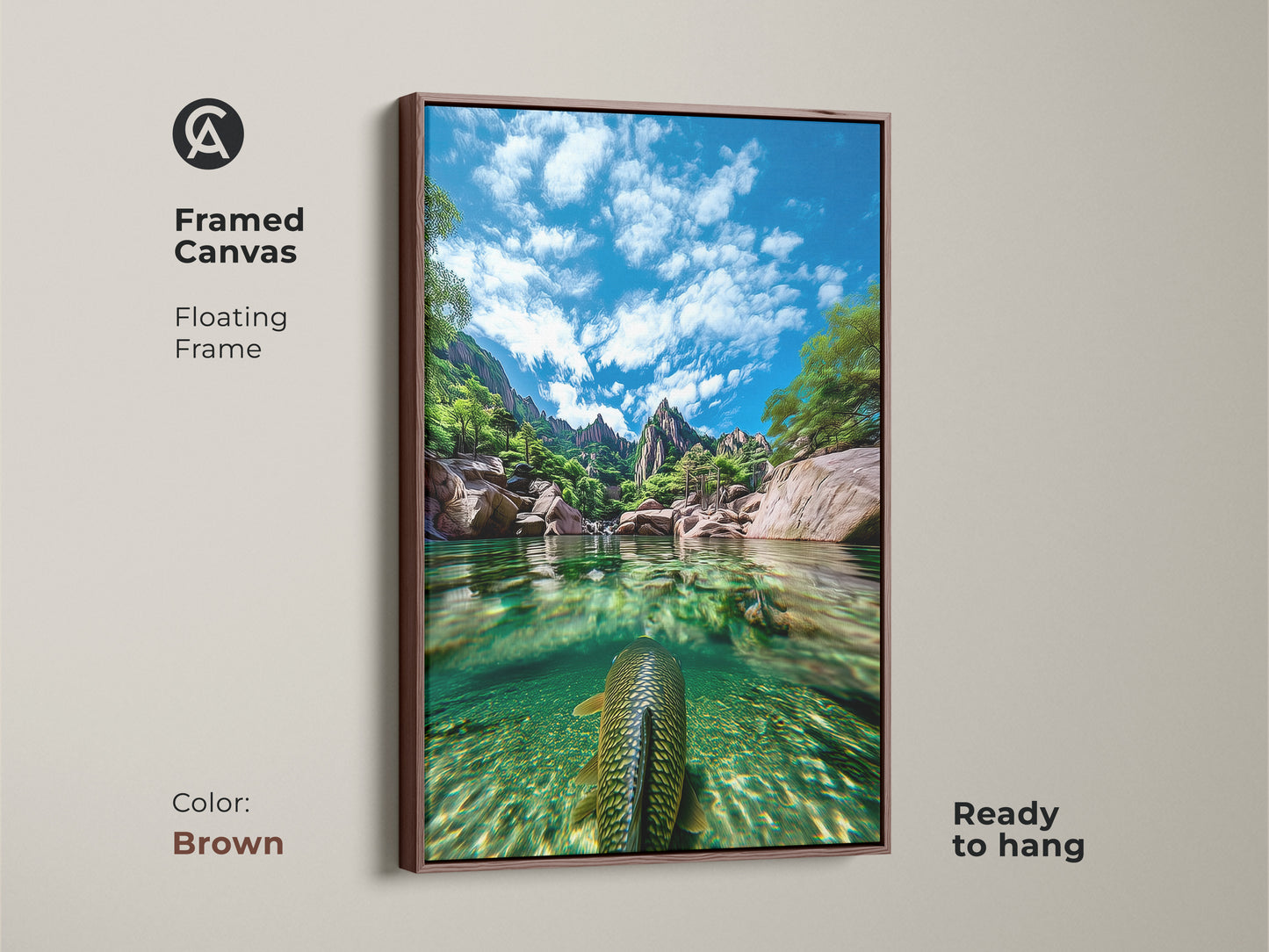 A framed canvas showcases realistic nature photography with an underwater fish. The brown floating frame accentuates the blue green mountain lake art. Perfect for home decor this piece brings wildlife and serene water scenes into any room. Makes a great gift for adventure seekers.