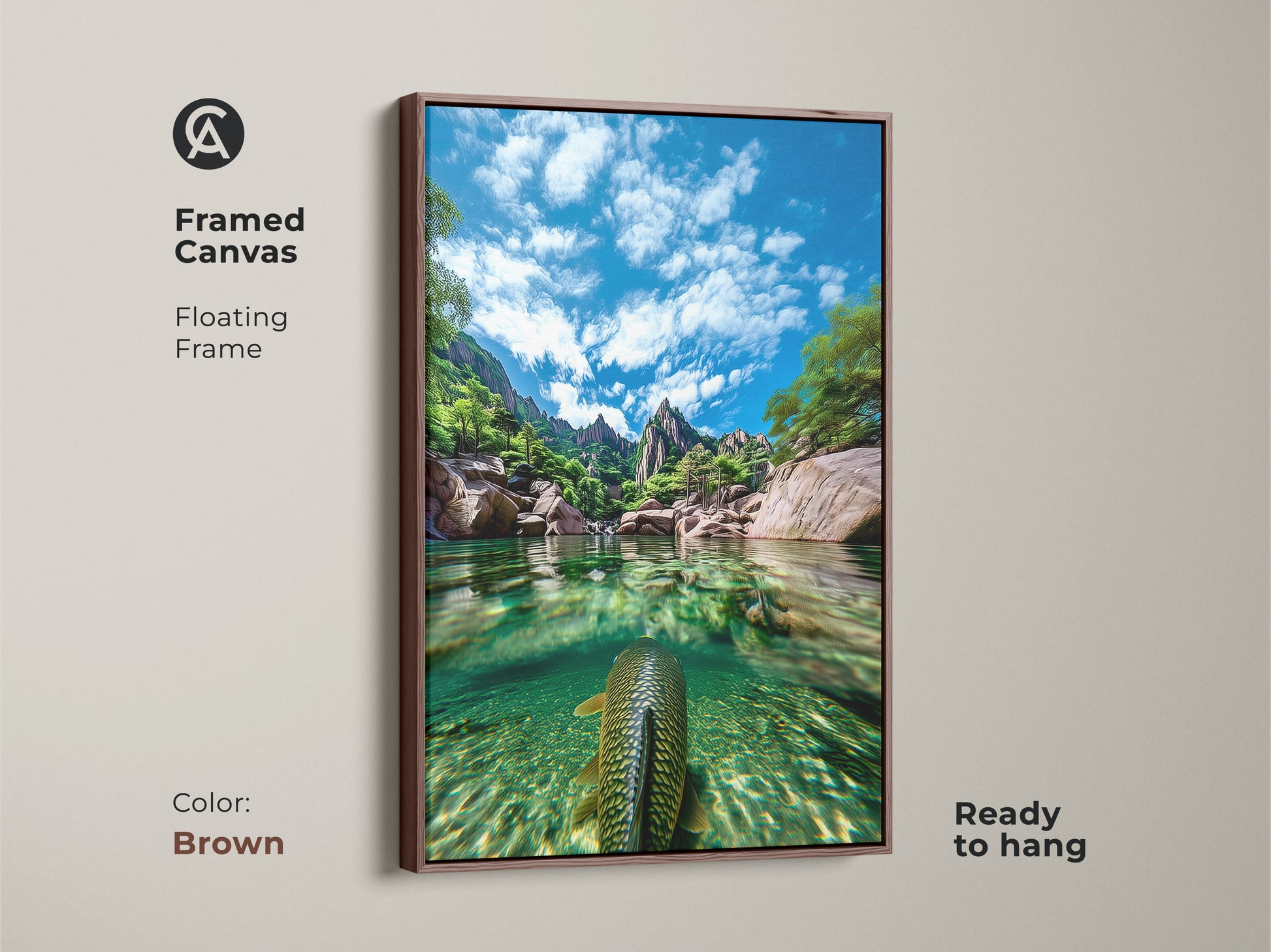 A framed canvas showcases realistic nature photography with an underwater fish. The brown floating frame accentuates the blue green mountain lake art. Perfect for home decor this piece brings wildlife and serene water scenes into any room. Makes a great gift for adventure seekers.