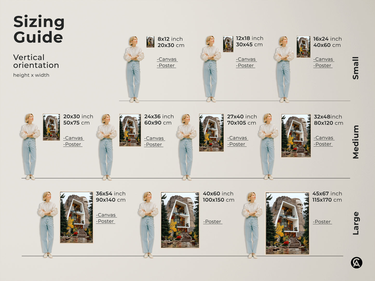 Sizing guide for vertical orientation architectural art prints. Sizes range from small to large in canvas and poster formats. Find the perfect fit for your space from 8x12 inches to 45x67 inches. Ideal modern house sculpture wall decor for any room.