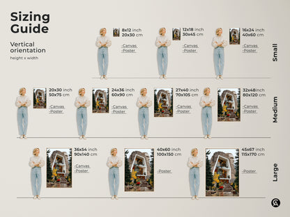 Sizing guide for vertical orientation architectural art prints. Sizes range from small to large in canvas and poster formats. Find the perfect fit for your space from 8x12 inches to 45x67 inches. Ideal modern house sculpture wall decor for any room.