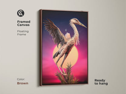 Framed surreal heron canvas art. This brown floating frame enhances the purple blue pink sunset of this wildlife artwork. The bird wall hanging decor is a perfect housewarming gift. Ideal for those who appreciate nature animal fine art. Add a vintage style bird art to your space.