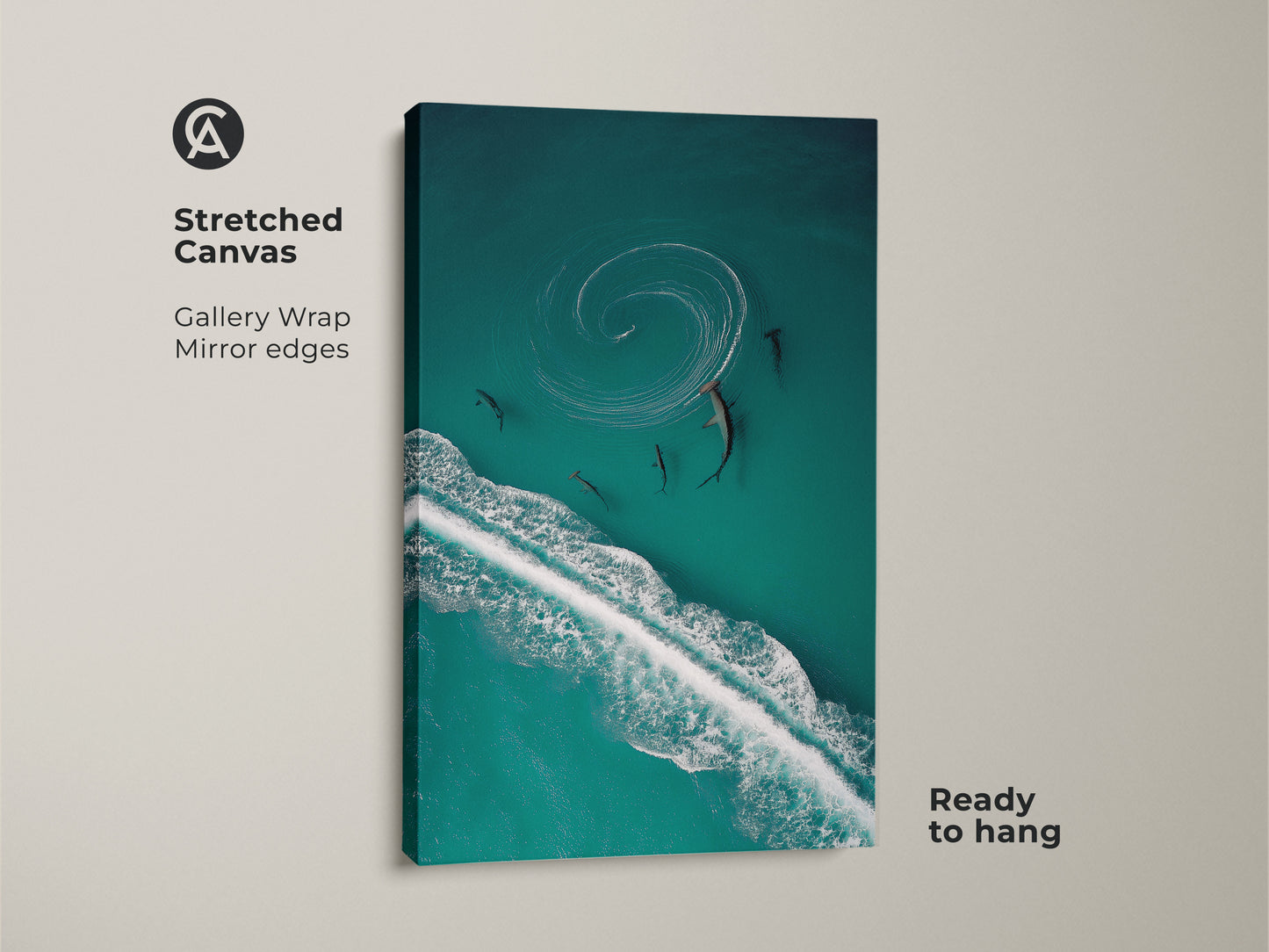 Experience the beauty of marine life with this stretched canvas art. An aerial view captures sharks swimming in turquoise ocean waves. Ideal for coastal wall decor and beach-themed spaces. Ready to hang and admire this unique ocean artwork.