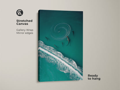 Experience the beauty of marine life with this stretched canvas art. An aerial view captures sharks swimming in turquoise ocean waves. Ideal for coastal wall decor and beach-themed spaces. Ready to hang and admire this unique ocean artwork.