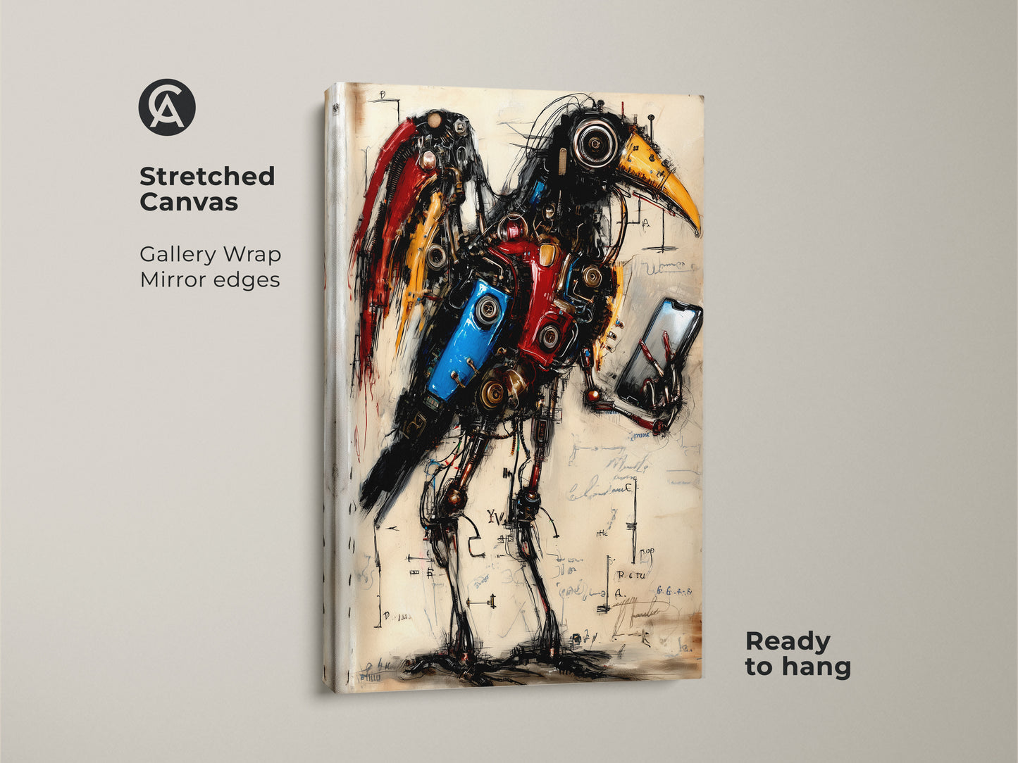 Stretched Canvas of a steampunk mechanical bird art. It showcases a surreal bird wall art style. This fantasy animal canvas print is ready to hang. It is ideal for office decor with mechanical art. This gadget lover gift has an eclectic style.