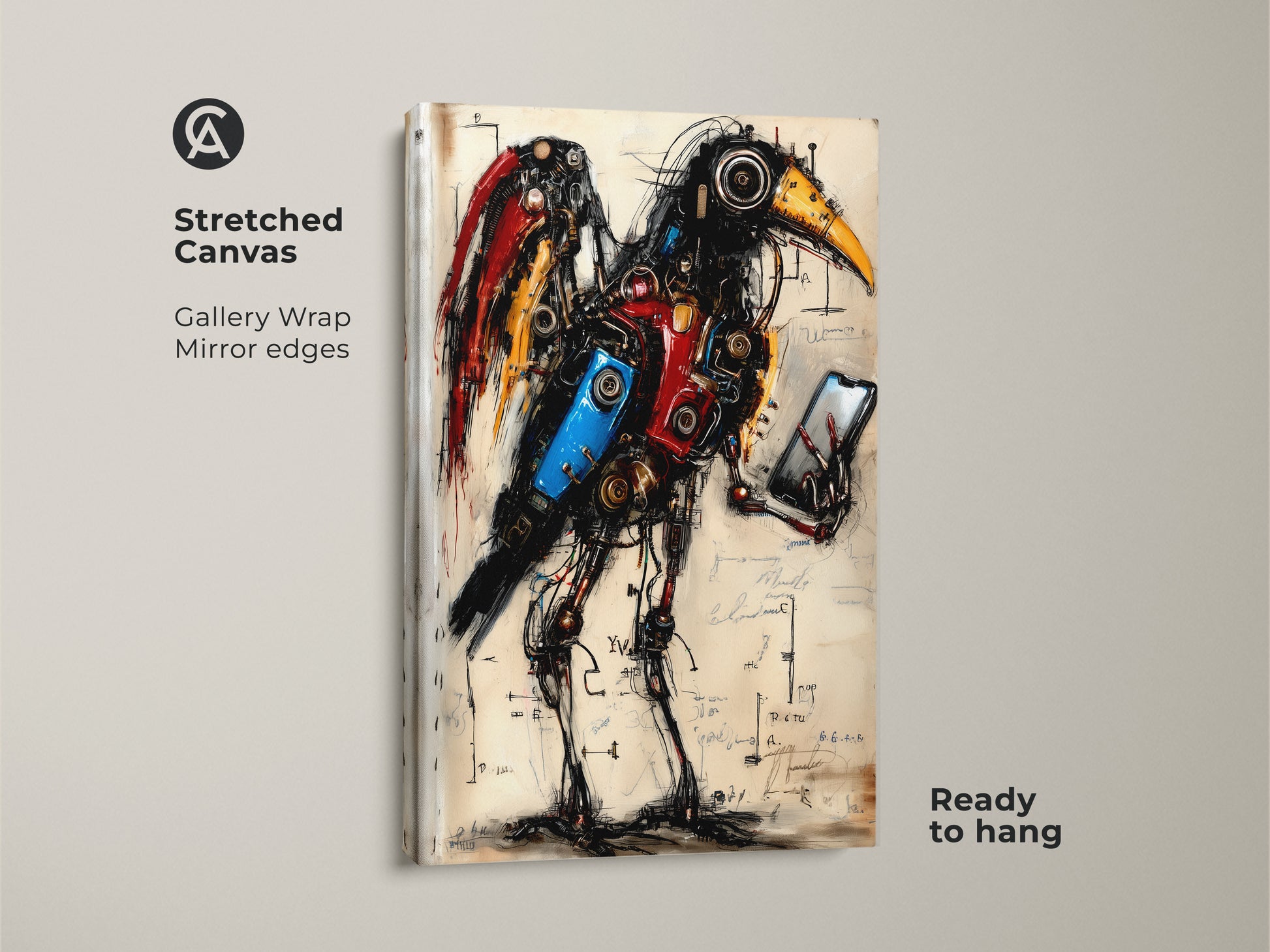 Stretched Canvas of a steampunk mechanical bird art. It showcases a surreal bird wall art style. This fantasy animal canvas print is ready to hang. It is ideal for office decor with mechanical art. This gadget lover gift has an eclectic style.
