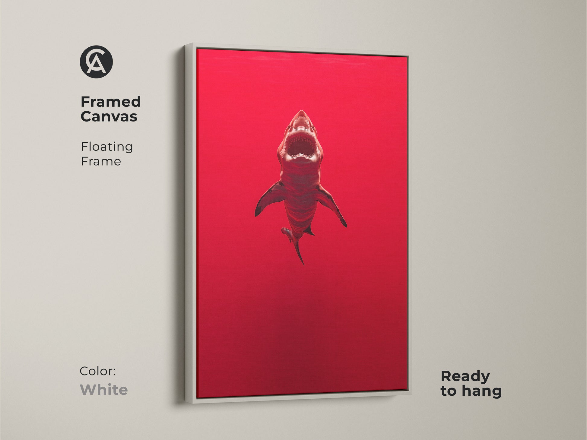 Framed canvas of a crimson shark with a white floating frame. The ocean predator artwork is ready to hang. This contemporary artwork features a powerful animal wall art for the office. A unique birthday gift for shark enthusiasts. This minimalist shark print adds drama to any space.