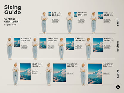 Find the perfect size for your ocean wave art print with this sizing guide. Vertical orientation options include canvas and poster prints. Available in small medium and large sizes. Transform your space with stunning surf art.