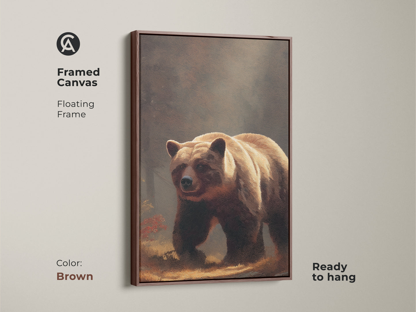 Framed canvas of a realistic bear artwork. Brown floating frame complements the rustic nature decor. This earth tone animal print is ready to hang. It's ideal for countryside forest art.