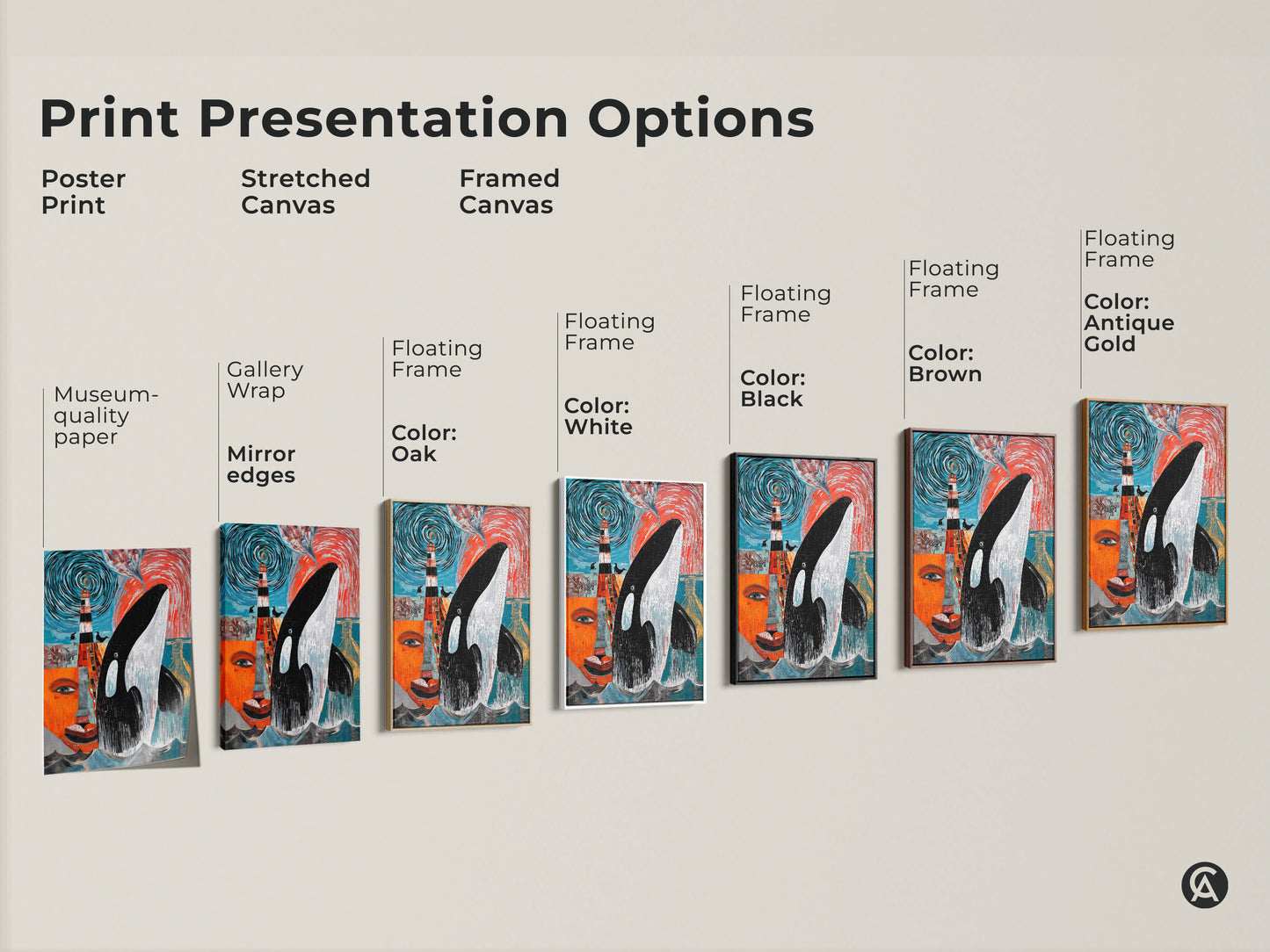 Framed Canvas featuring a white floating frame. There is abstract Orca whale art with a mosaic lighthouse scene. This ocean-themed piece is perfect as eclectic home decor. It's a great housewarming gift for ocean lovers. The art is in teal orange & black hues.