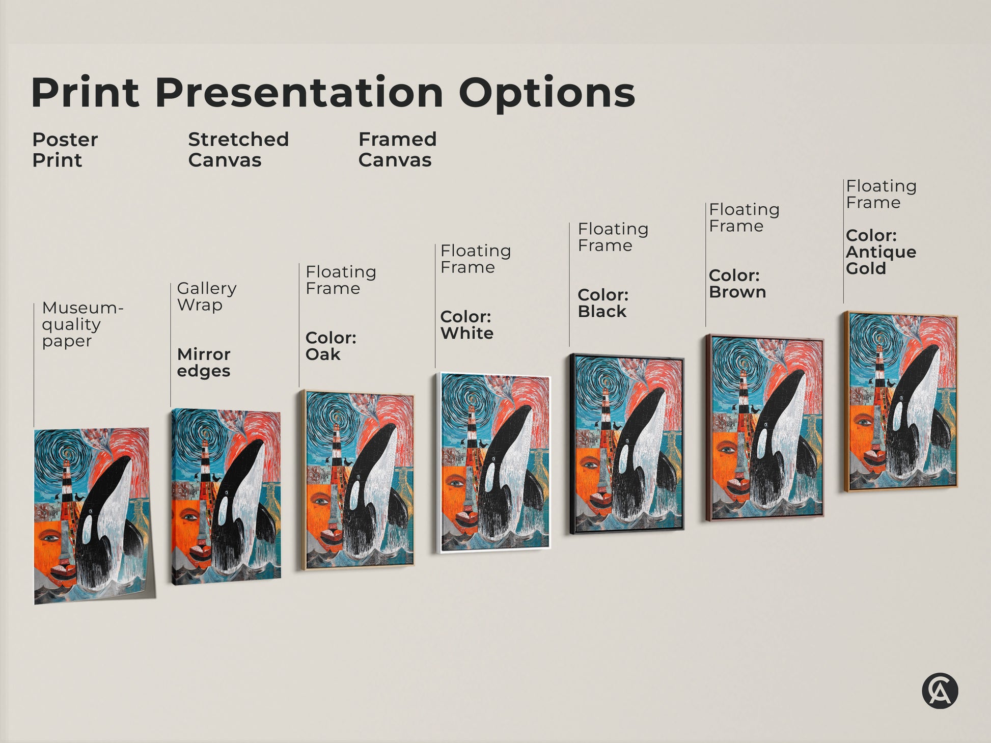Framed Canvas featuring a white floating frame. There is abstract Orca whale art with a mosaic lighthouse scene. This ocean-themed piece is perfect as eclectic home decor. It's a great housewarming gift for ocean lovers. The art is in teal orange & black hues.