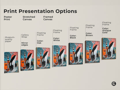 Framed Canvas featuring a white floating frame. There is abstract Orca whale art with a mosaic lighthouse scene. This ocean-themed piece is perfect as eclectic home decor. It's a great housewarming gift for ocean lovers. The art is in teal orange & black hues.