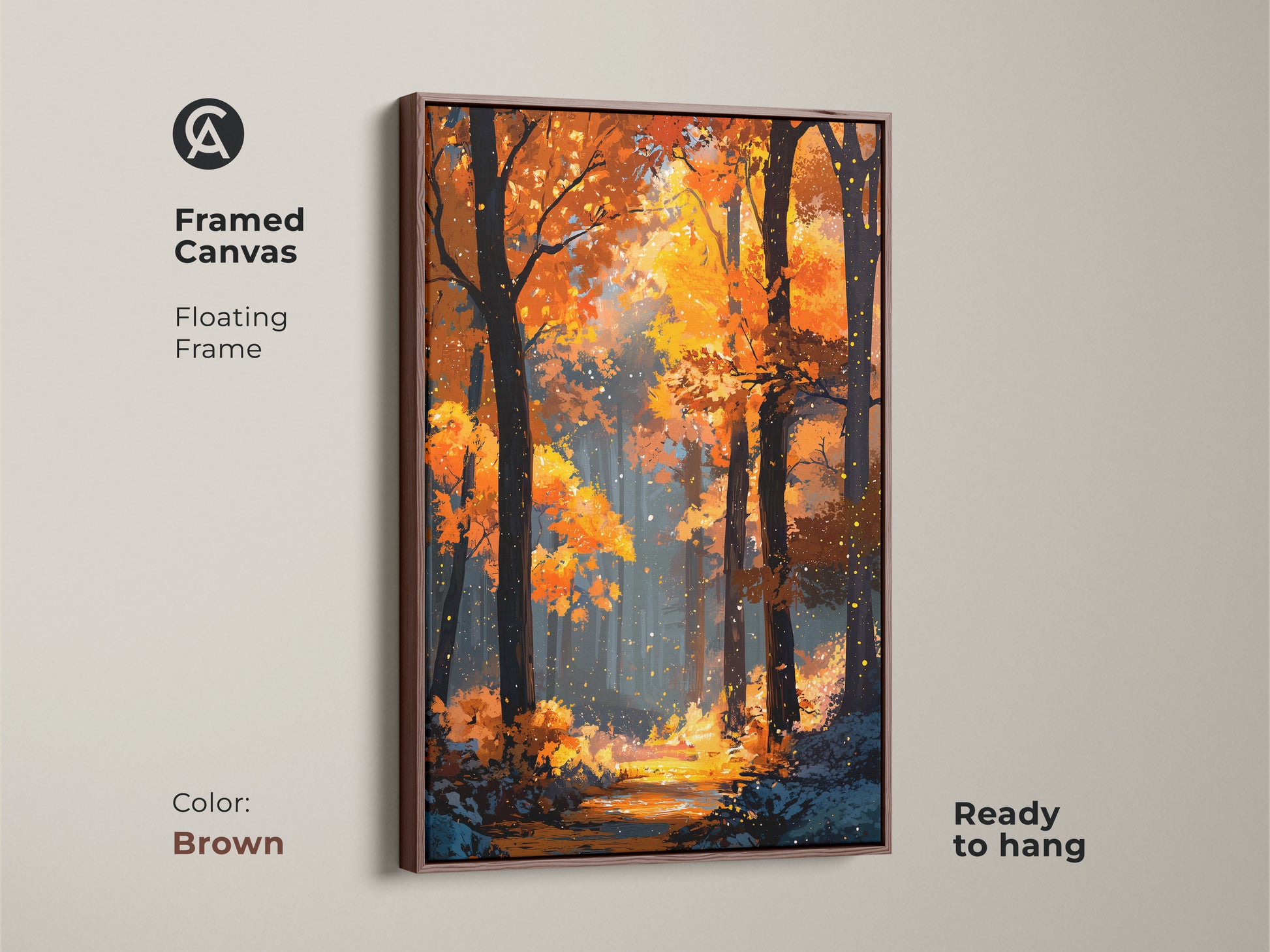 Framed canvas artwork with a brown floating frame. Showcasing a beautiful autumn forest scene. Ready to hang and enhance your home decor. The floating frame adds a touch of elegance to the vibrant artwork.