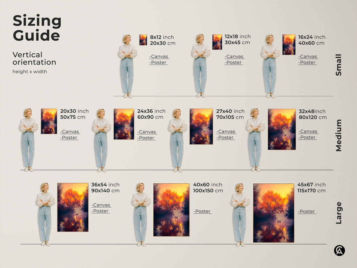 Sizing guide for vertical sunset landscape art prints. Available in small medium and large sizes. Art can be printed as a canvas or poster. Find the perfect size for your wall. Shop today.