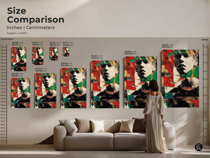 Size comparison of retro man portrait art prints in inches and centimeters. Visualize how this urban collage wall art fits above your sofa. Options from small to extra-large.